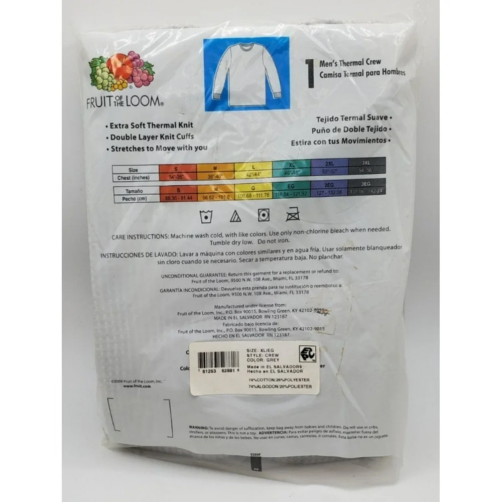 Fruit of Loom Mens Thermal Crew Size XL‎ / Long Sleeve Gray Extra Soft  New